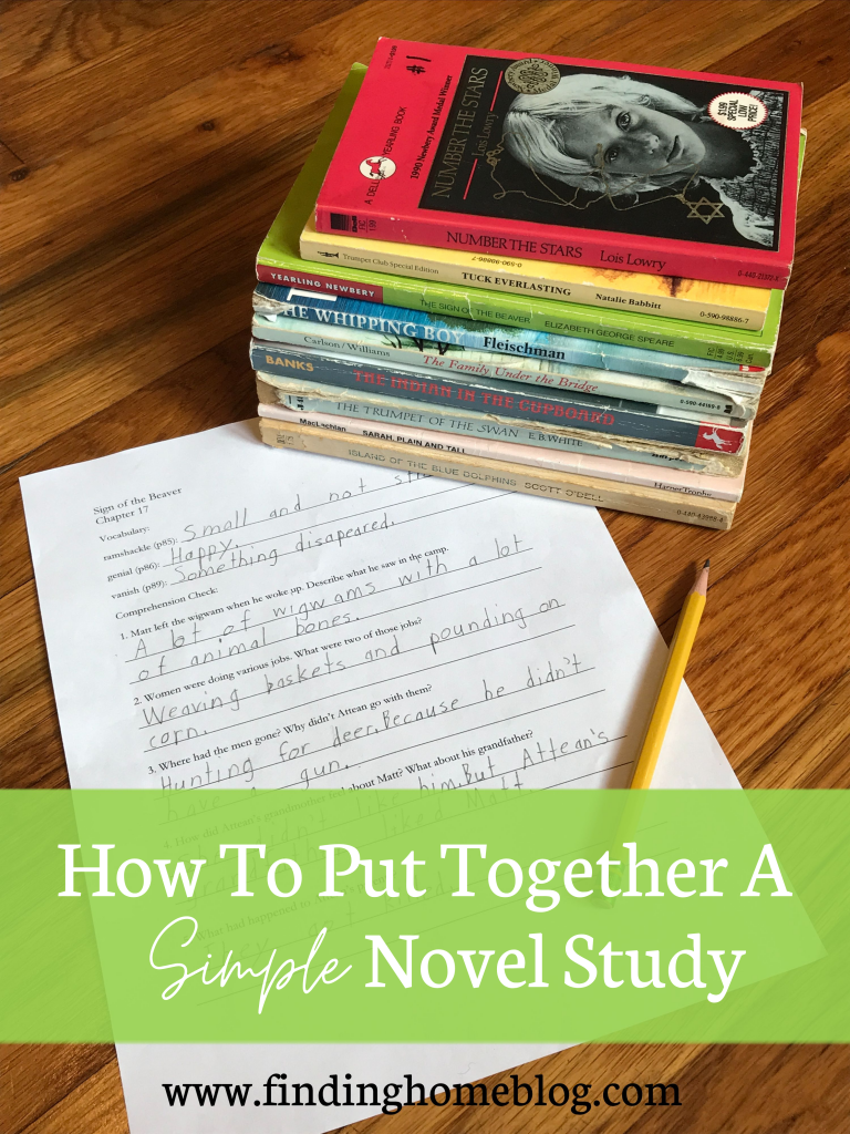 A stack of middle grade novels in the top right. A worksheet with a pencil next to it. The banner across the bottom reads "How to put together a simple novel study"