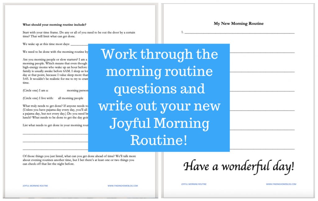 A screenshot of a printable worksheet on morning routines. A banner over the top reads "Work through the morning routine questions and write out your new Joyful Morning Routine!"
