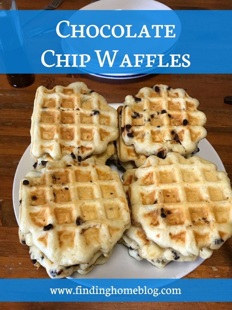 Close up of a plate of waffles with chocolate chips