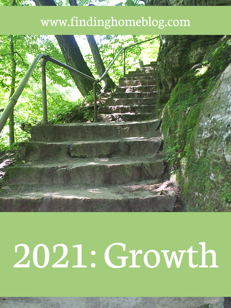 A stone stairway with a railing on the left and a moss-covered large rock on the right. A banner across the bottom says "2021: Growth"