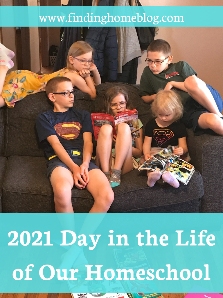 Five children reading on a couch. Header banner says "2021 Day in the Life of Our Homeschool"
