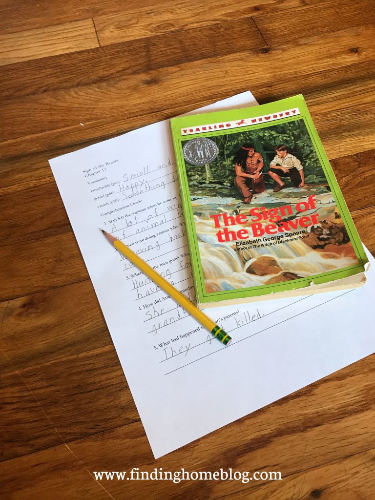 The novel The Sign of the Beaver with a worksheet and pencil