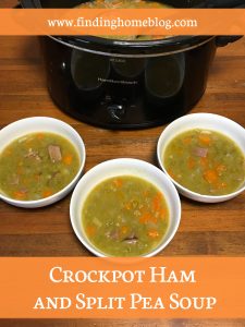 A crockpot full of split pea soup, with three bowls dished out in front of it. A banner reads "Crockpot Ham and Split Pea Soup"