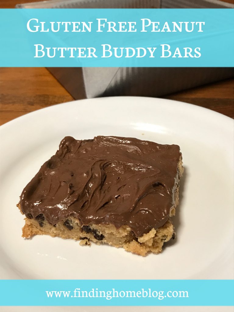A close up of a peanut butter chocolate chip bar with chocolate frosting on a plate.