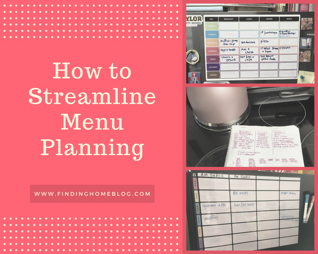 Three pictures to the right. Top: magnetic menu planning board on a refrigerator with various magnets nearby. Middle: a notebook with a written menu plan, sitting next to a tea kettle. Bottom: a different magnetic menu planning board on a refrigerator with markers nearby. A banner to the left reads "How to Streamline Menu Planning".