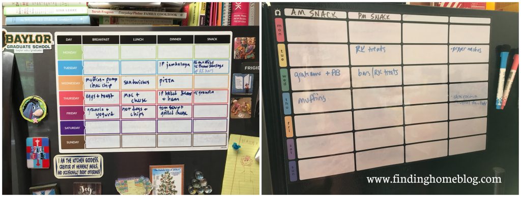 Two examples of magnetic menu planning boards attached to a refrigerator, with various magnets and markers nearby